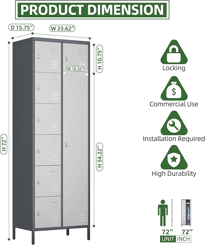 Aobabo 72" H Metal Lockable Storage Locker 7 Small Doors and 1 Big Door, Metal Lockers for empolyees with Hooks, for School Home Office Assembly Required, 8 Doors, Grey White