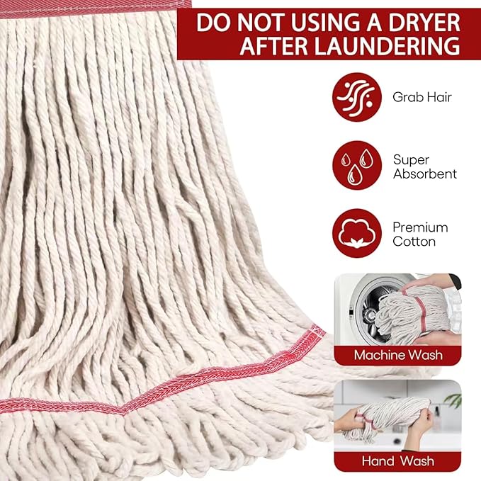 MATTHEW CLEANING Heavy Duty Mop Head Commercial Replacement for General and Floor Cleaning, Wet Industrial Blue Cotton Looped End String Head Refill (Pack of 6) White