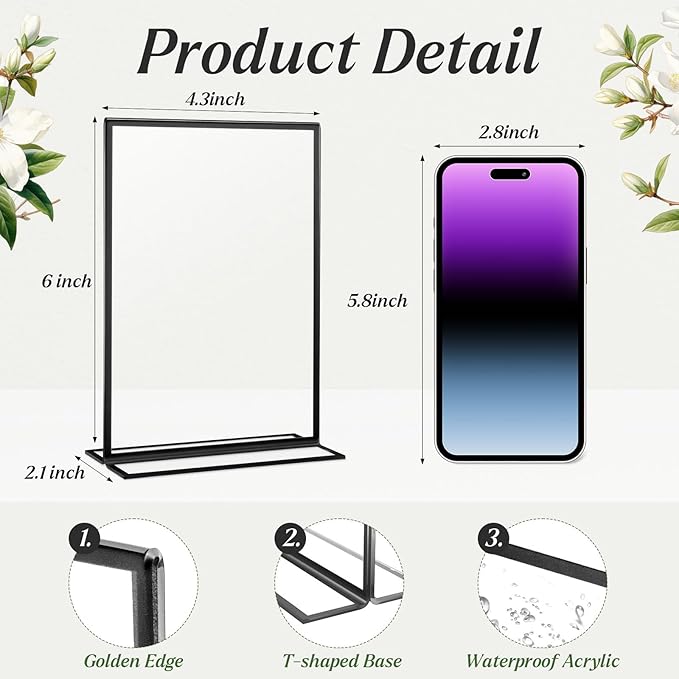 10 Pack Acrylic Sign Holders 4x6 Photo Frames, Double Sided Picture Frame, Clear Wedding Table Number Holder, Table Menu Display Holders for Restaurant Signs, Party and Office Photos, Black