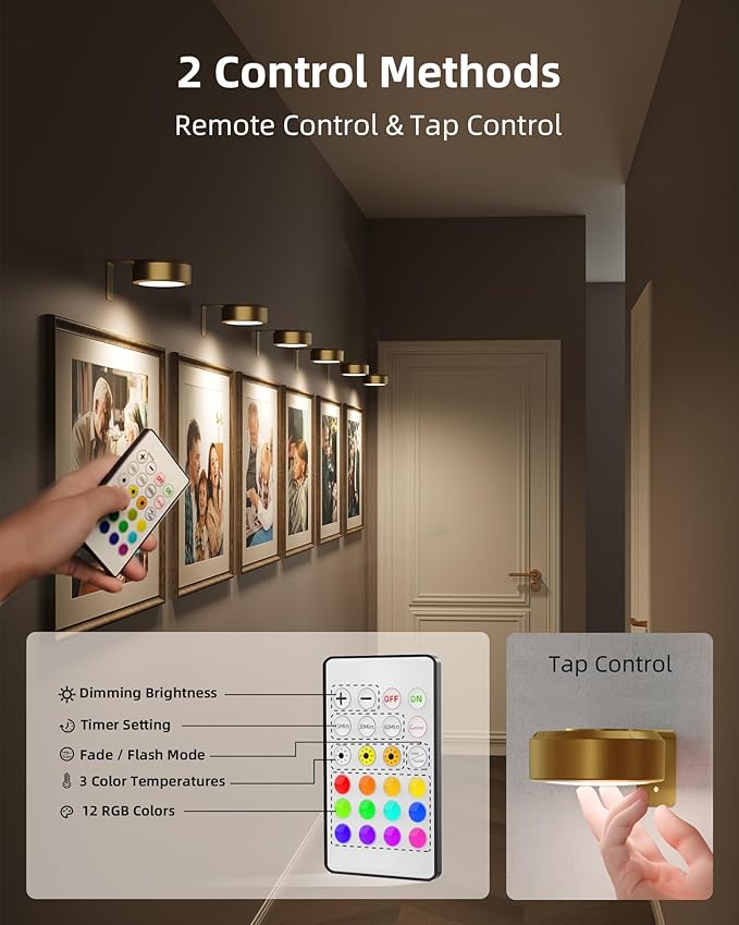 EZVALO Picture Lights for Wall, Rechargeable Battery Magnetic Poster Lights with 3 Color Temps & 12 RGB, Remote Dimmable Timer Light, Wall Decor Light for Art Display (6 Pack with Charging Station)