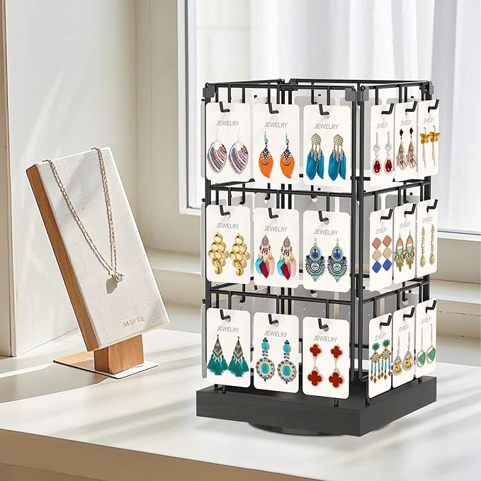 EsLuker.ly Rotating Earring Display Holder Stand for Vendors Events Selling, Large Capacity 36 Hooks Jewelry Rack with Wooden Base for Earring Card Sales, Enhances Retail Visibility(Black)