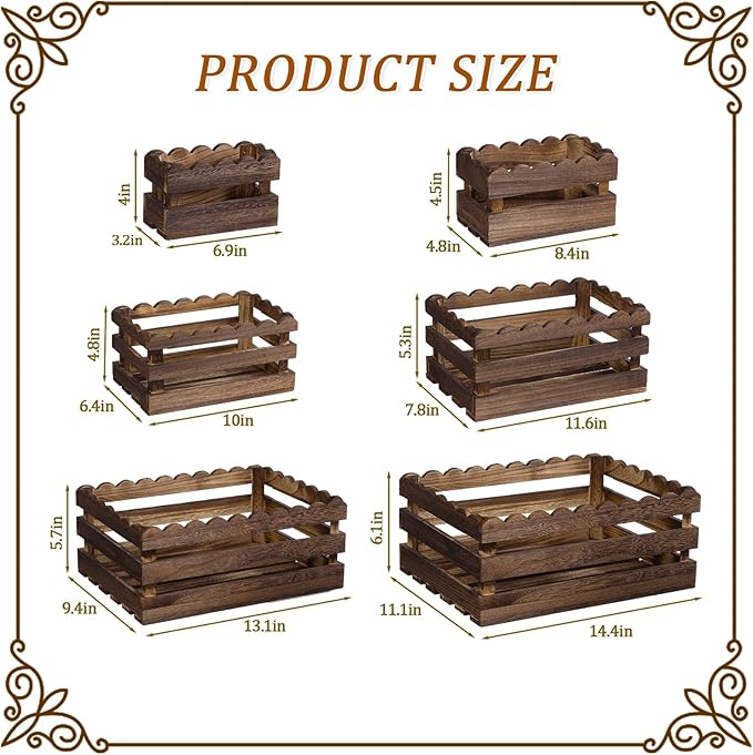 Set of 6 Nesting Wooden Crate Hollowing Out Wooden Crates for Display 6 Size Rustic Decorative Storage Container Box for Kitchen Office Bedroom Closet Farmhouse Decor