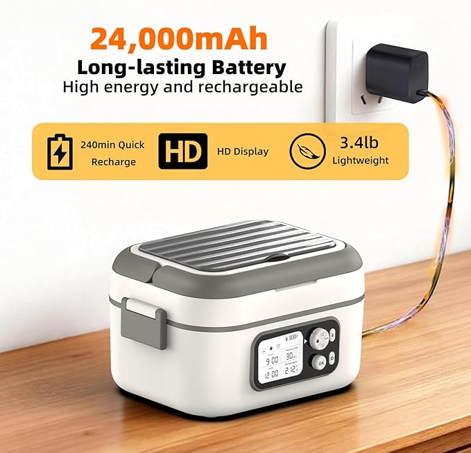 Dravel Cordless Heated Lunch Box for Men, 6.3 Cup 100W Electric Lunch Box Food Warmer with 24000mAh Battery for Self Heating, Including Cutlery, Insulated Bag and Divider for Women Adults(Grey+White)