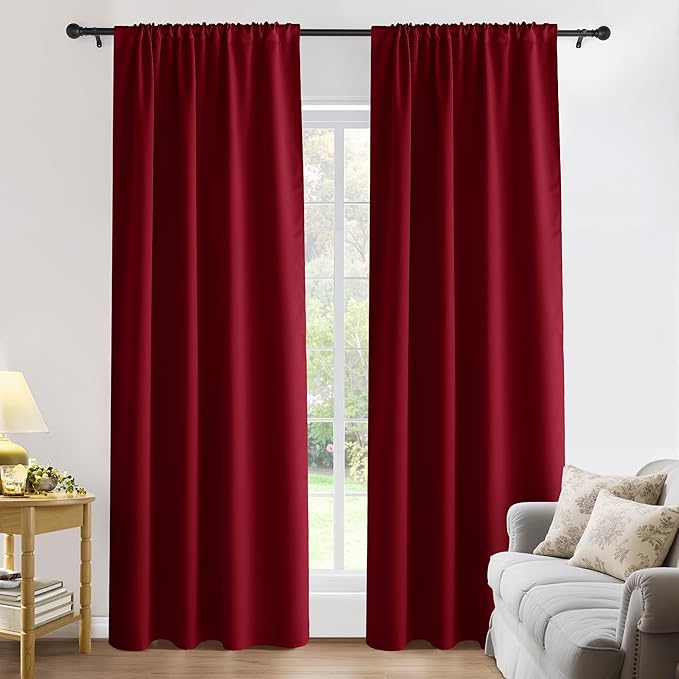 PONY DANCE Thermal Curtains 84 Inches - Window Coverings Privacy Protect Rod Pocket Top Solid Color Room Darkening Curtain Home Decoration for Bedroom, 52 x 84 in, Red, 2 PCs
