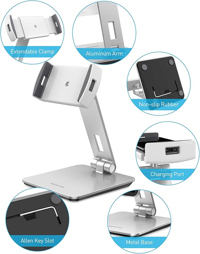 AboveTEK Business Kiosk Aluminum Tablet iPad Stand, 360° Swivel Tablet & Phone Holders for Any 4"-15.6" Display Tablets/Cell Phones/Portable Monitor, Sturdy for Store POS Office (Silver)