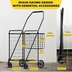 3.7 Cu Ft Folding Shopping Cart - 380 LB Capacity Grocery Cart with 360° Braked Swivel Wheels - Heavy Duty Utility Cart with Double Basket & Removable Waterproof Liner with Lid for Laundry
