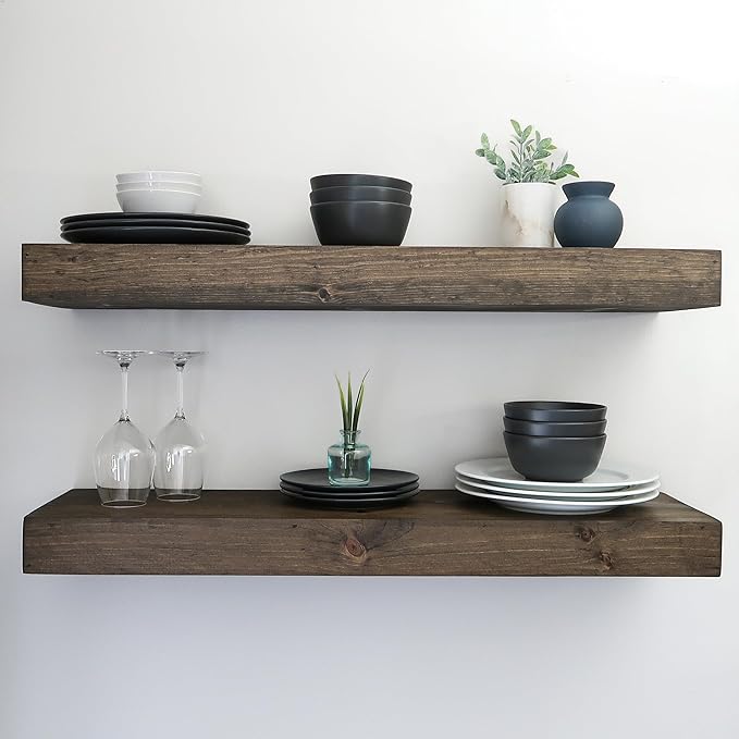 Urbandi Modern Floating Shelves 3 Inches Thick for Wall, Wide Shelves for Kitchen, Living Room, Bedroom, and Bathroom, Natural Pine Wood, Rustic Wooden Shelf, (Set of 2) (Jacobean, 36Lx3Hx8D)