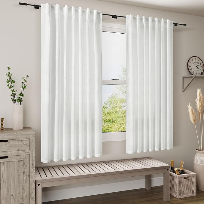 Nanspring 45 Inch Linen White Curtains for Kitchen Short Window Semi Sheer Light Filtering Linen Drapes Modern Farmhouse Back Tab Rod Pocket Curtain for Cafe Bathroom 34 X 45,2 Panels