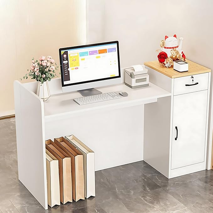 Modern Reception Desk Counter, Retail Counter Reception Desk with Lockable Drawers, Retail Checkout Counter with Open Shelves (White-You)