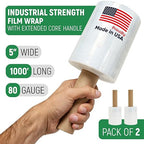 5" x 1000' Industrial Strength Mini Stretch Wrap Rolls with Extended Core Handles, Ready to Use Pack of 2 Clear Stretch Film Rolls, 80 Gauge, 500% Elongation - Shrink Wrap for Moving, Packing