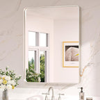 Keonjinn 28 x 36 Inch Brushed Nickel Bathroom Mirrors for Over Sink, Rounded Rectangle Silver Bathroom Vanity Mirror, Farmhouse Mirror for Wall, HD Tempered Glass, Anti-Rust Aluminum Alloy Mirror