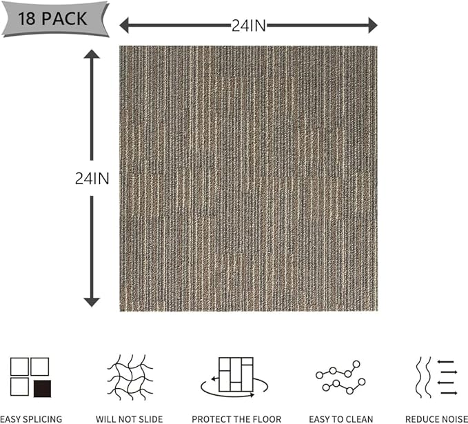 Carpet Tiles 24"x 24" Squares Carpet Reusable,18 Tiles, Non Slip Easy DIY Installation Seamless Floor Tiles Rug for Bedroom Living Room Office etc