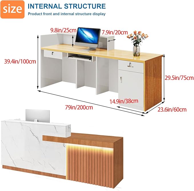 Reception Desk with Counter LED Light and Lockable Drawers and Storage Tall Modern Front Desk Reception Counter for Checkout Lobby Beauty Salon B Right 79inch/200cm