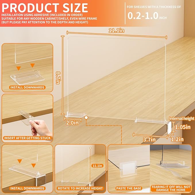 Yieach Adjustable Height Clear Shelf Dividers,4 Pack Acrylic Closet Shelf Dividers for Organization,11.1 Inch Tall Vertical Plastic Shelf Separators for Towel,Sweater,Towel Organizers and Bookshelf