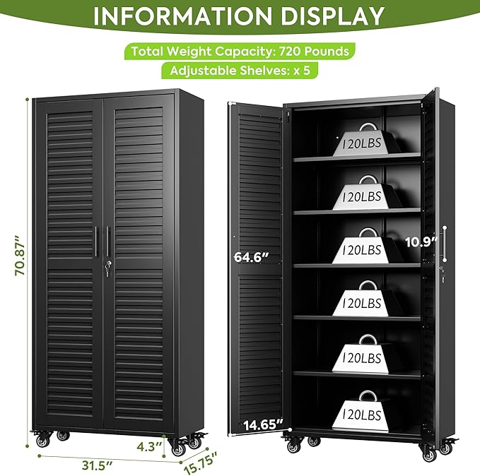 Garage Storage Cabinet with Wheels, Lockable Metal Storage Cabinet with 5 Adjustable Shelves, Magntic Door for Garage Home Office Utility Room,Required Assembly,Black,70.87"H x 31.5"W x 15.75"D