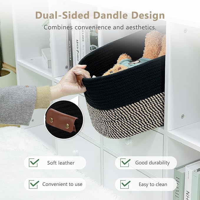 Cotton Rope Basket, Storage Baskets with Handle, 15x10x9 Inch Woven Basket for Shelves, Laundry, Towels, Clothes, Books, (Black Brown 1 Pack)