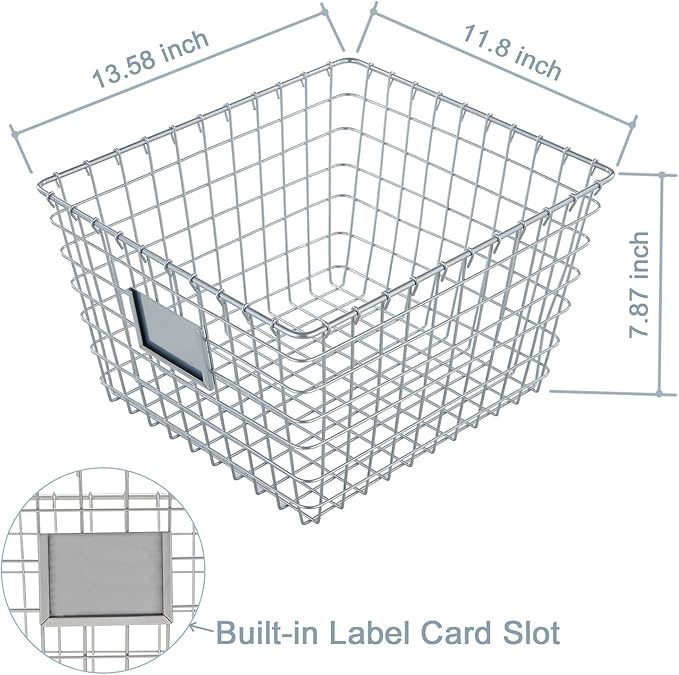 【Extra Large】 Wire Handmade Basket 4 Packs, Kitchen Bathroom Storage, Household Goods Storage, Wardrobe Basket,Silver