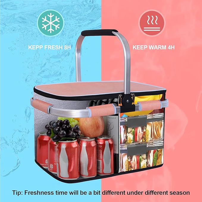 LIQING 35L Large Picnic Basket 2 Layers of Internal Pockets Leak-Proof and Insulated ，Folding with Internal Support for enhansed Stability, Wedding Gifts for Couple(Salmon Color)