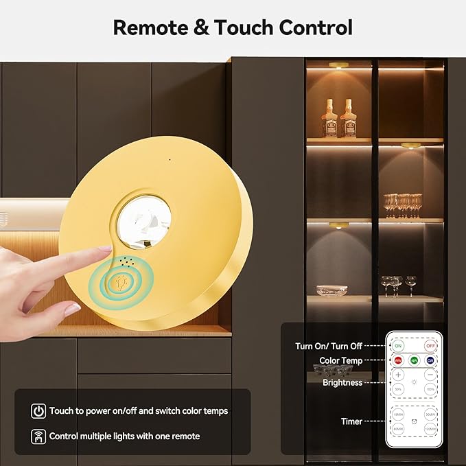 Yiliaw Rechargeable Puck Lights with Remote, 3 Pack Magnetic Under Cabinet Lighting, 1500mAh Battery Operated LED Tap Lights with Dimmer & Timmer for Kitchen, Closet, Shelf - 3 Color Temps, Gold
