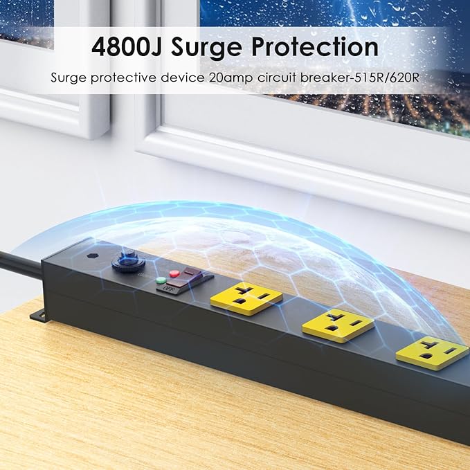 JUNNUJ Long Metal 16 Outlet Power Strip, Heavy Duty Power Strips Surge Protection 4800J with Circuit Breaker, 20a Wide Spaced Socket Wall Mount 5-15P Adapter High Amp 6-20R T-Slot 10FT Extension Cord