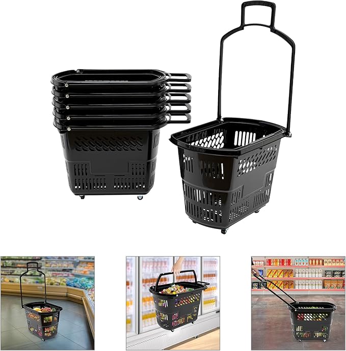 Rolling Shopping Baskets, Trolley Rolling Plastic Basket with 4 Wheels Large Storage Capacity Good Stability Handles Folded and Grid Design 6Pcs Freestanding Shopping Basket Set for Supermarkets Etc