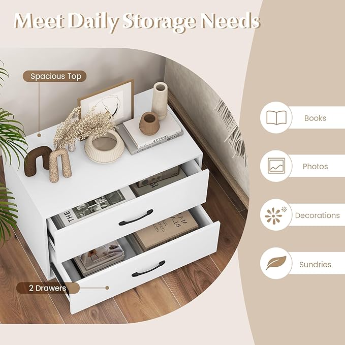 GOFLAME Stackable 2-Drawer Dresser, Wood Horizontal Storage Organizer with Metal Handle & Smooth Sliders, Lateral File Cabinet with Anti-tilt Kit for Bedroom Office, White