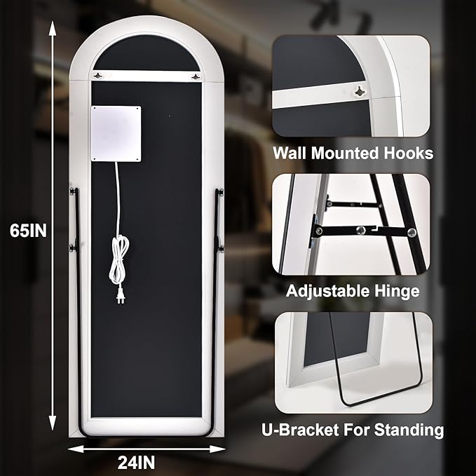 LED White Arched Full Length Mirror - 24“ x 65” Adjustable Brightness, Touch Screen Controls, Wall Mounted or Freestanding for Bedroom, Living Room, Cloakroom Dressing Mirror