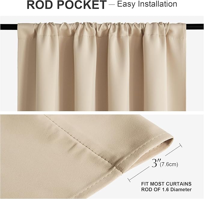 PONY DANCE Beige Kitchen Curtains - Window Treatments Rod Pocket Energy Efficient Blackout Curtain Panels Room Darkening Home Decor for Kids'Room, 52-inch Wide by 45 Long, Biscotti Beige, 2 PCs