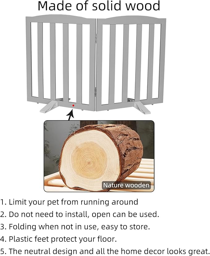 Freestanding Dog Gate Indoor,Doggie Gate Foldable Pet Gates for Doorways,Stairs or Hallways, Wooden Grey Pet Gate for The House, Pet Fence with Support Feet Included,24 "Height-2 Panels