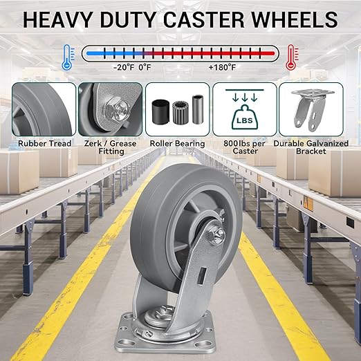 6'' × 2'' Caster Wheels, Heavy Duty Industrial Casters Set of 4 Rubber Wheels, Load 3600lbs Capacity, Swivel Caster for Cart Dolly Toolbox (2 Swivel & 2 Rigid)