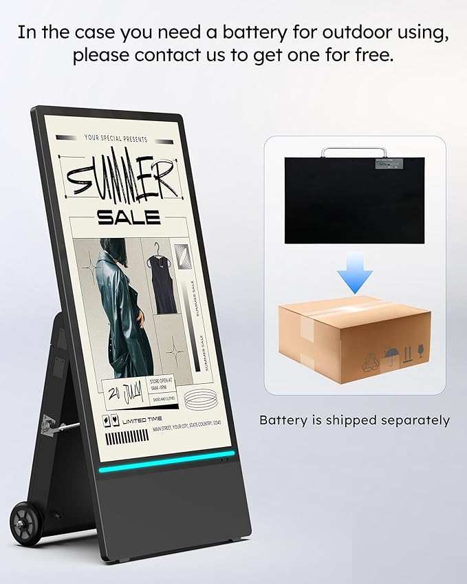 HARZHI 43 Inch Outdoor Digital Signage Display, Portable Powered High Brightness Screen Advertising Display Kiosk, Movable Waterproof Standing Poster, Business Helper, Android OS MWE