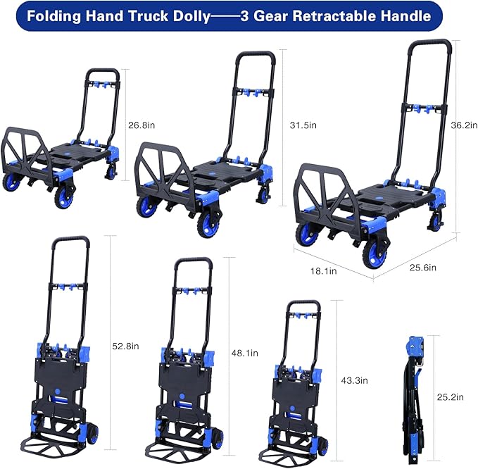 2-1 Folding Hand Truck Dolly,330LBS Capacity Dolly Cart,Foldable Dolly Hand Truck with Retractable Handle and 4 Rubber Wheels,Hand Cart Foldable for Luggage/Travel/Office/Moving