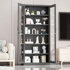 VINGLI Lockable Display Cabinet with Glass Doors & 5 Adjustable Shelves, 71" Tall Black Metal Storage Cabinet Curio Liquor, Bookshelf Bookcase for Home Office Living Room Pantry Garage
