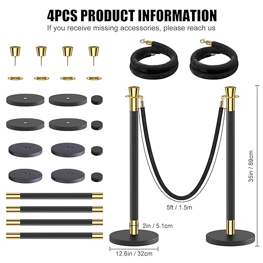 kaiyomi 4Pcs Stanchions with Black Velvet Ropes Set, 5 Feet Velvet Ropes and Posts Poles for Red Carpet Party Decoration and 360° Photo Booth (Golden & Black)