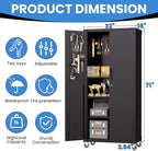 Garage Metal Storage Cabinet with Pegboard, 71'' Tall Storage Cabinet with Adjustable Shelves and Doors, Rolling Tool Cabinet on Wheels for Garage, Utility Room (Black)