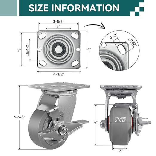 4'' × 2'' Caster Wheels, Heavy Duty Industrial Casters Set of 4 Rubber Wheels, Load 2400lbs Capacity, Swivel Caster for Cart Dolly Toolbox (2 Brake & 2 Swivel)