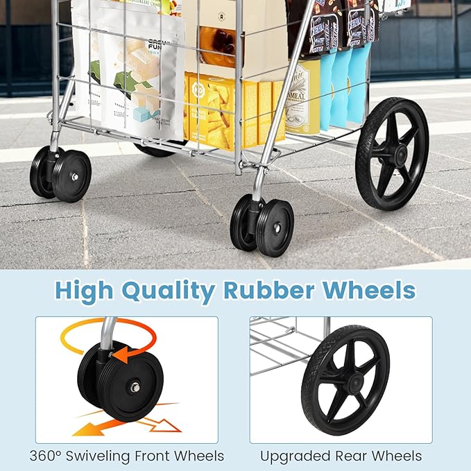 COSTWAY Folding Shopping Cart, Metal Grocery Cart with Extra Basket, 360° Swiveling Front Wheels & Comfortable Handle, Light Weight Collapsible Utility Cart for Laundry, Camping (Silver)