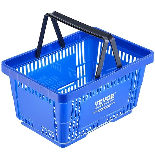 VEVOR 12 PCS Shopping Basket, 16.73 x 11.61 x 8.86 inch Durable Plastic Grocery Basket with Stand & Handle, 24L Portable Shop Basket Bulk, Idea for Retail Store Supermarket Grocery Shopping, Blue