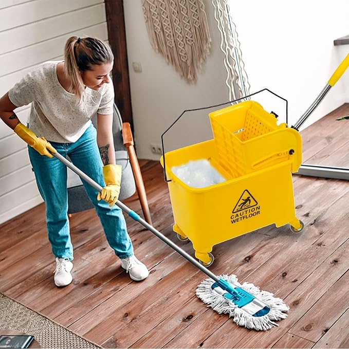 Commercial Mop Bucket with Wheels, 20 Quart Side Press Wringer Combo Mop Bucket with Wringer Combo for Home Hotel Restaurant