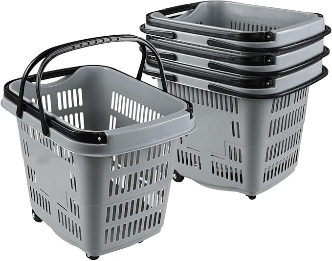 4 PCS Plastic Shopping Baskets with Wheels and Handles, 50 L Portable Rolling Shopping Basket Cart for Supermarkets and Retail Stores, Gray