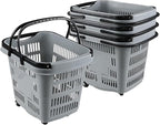 4 PCS Plastic Shopping Baskets with Wheels and Handles, 50 L Portable Rolling Shopping Basket Cart for Supermarkets and Retail Stores, Gray