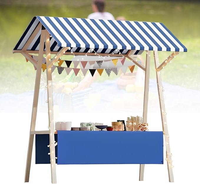 Collapsible Mobile Market Stall Carts Vendor on Wheels, Wood Outdoor Vendor Cart, Easy to Assemble for Parties, Birthdays, Weddings, Bar(Blue2,120cm/47.2in)