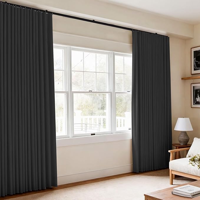 Room Divider Blackout Curtains Flexible Sliding Tracks Sets Ceiling Mounted Rod Window Curtain Privacy Separation for Bedroom Living Rooms,1 Panel Black Drape and Black Track Set-W108xH96 in
