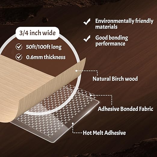 Birch Veneer Edge Banding, 3/4 Inch x 100Ft Pre-Glued Flexible Plywood Edge Banding Tape Real Wood Iron on Veneer Edging Tape with Hot Melt Adhesive Wood Trim for Furniture Panels Restoration