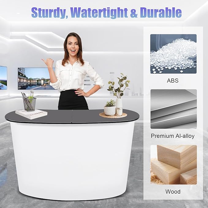 Portable Tradeshow Podium Table, 51.97x15.75x35.43Inch Curved Pop Up Table Foldable Retail Bar Table Reception Desk Speech Stand with Storage Rack for Checkout Exhibition Promotion Retail
