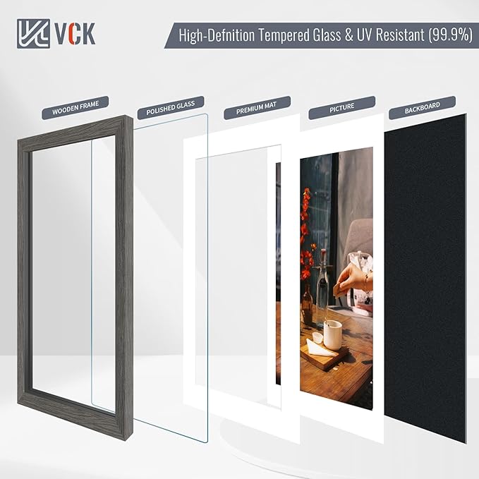 VCK 12x16 Picture Frame 2 Pack - Grey, High-End Wood Poster Frames with Tempered Glass, Display 8.5x11 Photo with Mat or 12x16 without Mat, Art Gallery-Quality, Wall Hanging, Grey