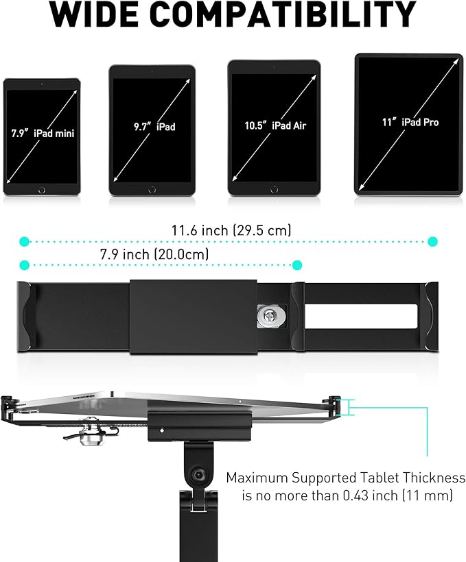AboveTEK Tablet Wall Mount - 360° Rotation Tablet Holder Stand with Extension Arm, Anti-Theft Kitchen Mount Fits 7"-11" Tablets Including iPad Pro/Air/Mini, Galaxy Tab - Security Lock & Key - (Black)