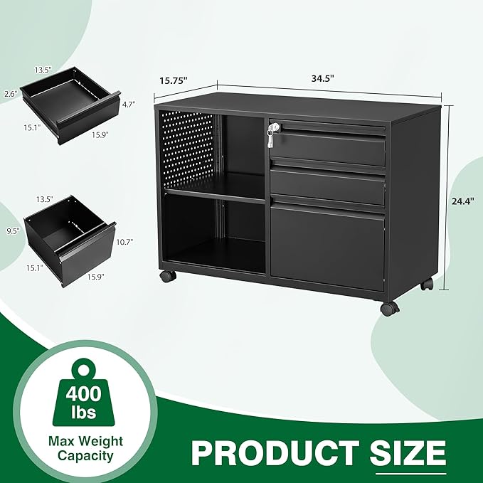 3 Drawer File Cabinet with Lock,Mobile Lateral Filing Cabinet,Metal Printer Stand Storage Cabinets with Shelves for Home Office(Black)