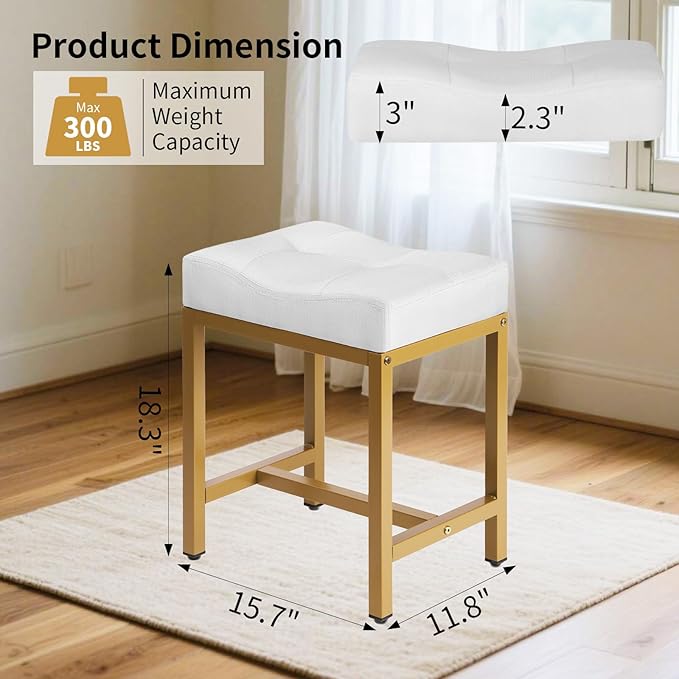 Saddle Seat Vanity Stool, Makeup Stool Chair with Metal Leg, U-Shaped Ottoman Foot Rest Stool, Small Square Chairs Under Desk for Vanity, Living Room, Bedroom, Modern Makeup Bench Linen White&Gold