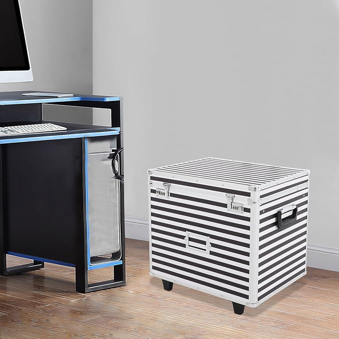 Rolling Cart for Teachers, Rolling File Cart with Hanging Folders, Portable File Box with Handle, Aluminum Alloy, Passcode Lock, Striped Pattern